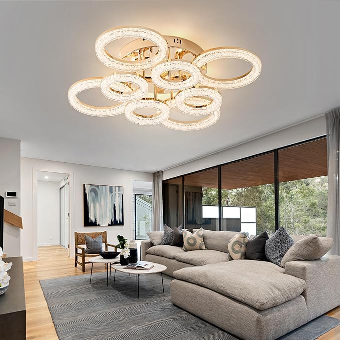 Modern Ceiling Light, 8 Rings 26.8'' Dimmable LED 106W Flush Mount Ceiling Lights with Remote Acrylic Crystal Round Ceiling Light Fixture, Bedroom Living Room Dining Room, Gold - Image 7