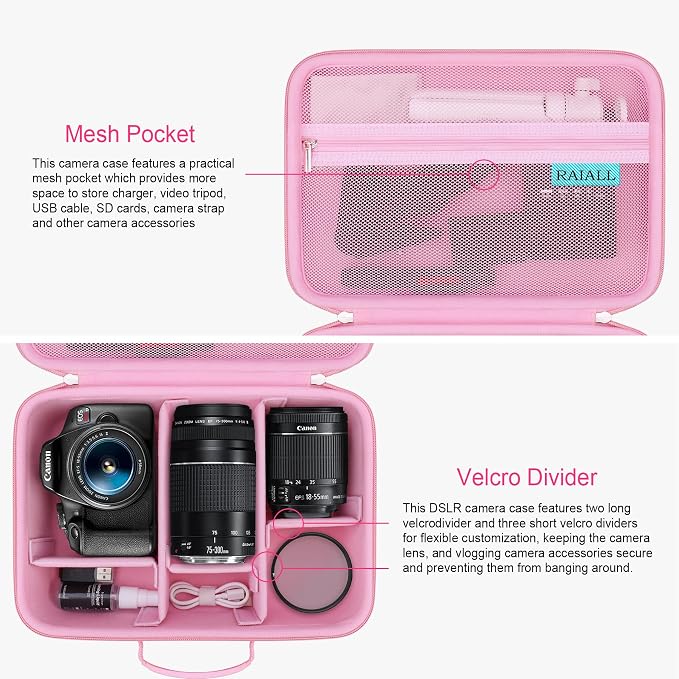 RAIALL Case for Canon EOS Rebel T7/R50/R100/Sony/Nikon D7500 Camera, Pink | for R50V/R8/R10/RP/R7/R6 Mark II/R5 DSLR SLR, Lens, Tripod, Hard Protective Travel Bag with a Shoulder Strap and 5 Dividers - Image 5