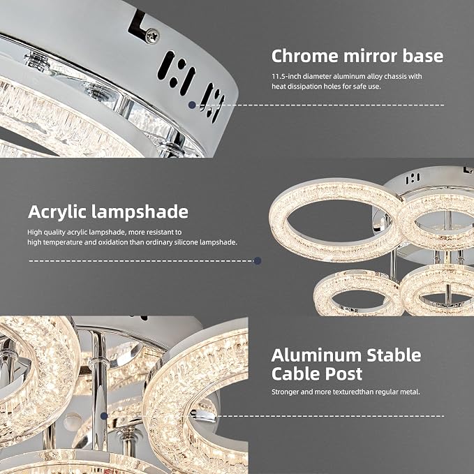Modern Ceiling Light, 7 Rings 23'' Dimmable LED 106W Flush Mount Ceiling Lights with Remote Acrylic Crystal Round Ceiling Light Fixture, Bedroom Living Room Dining Room, Chrome - Image 3