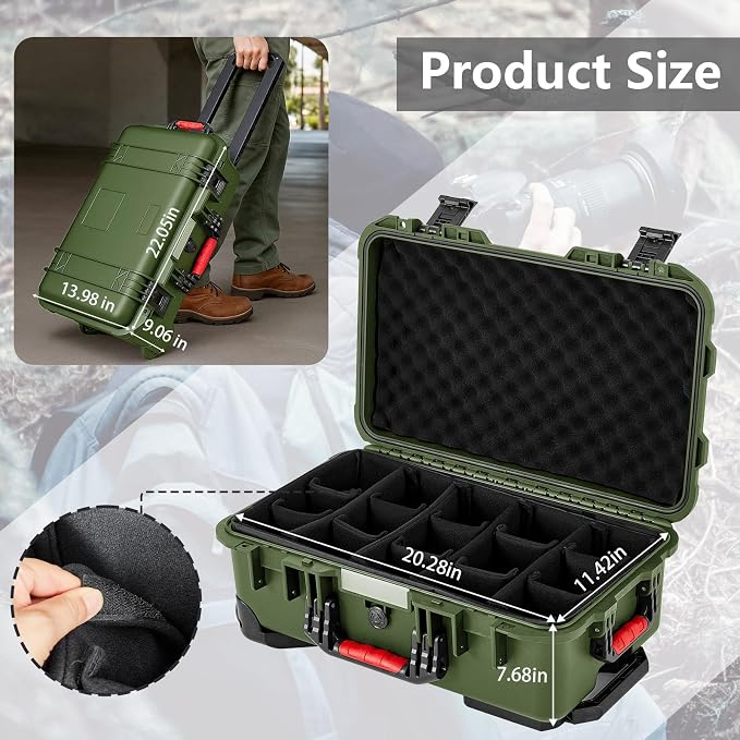 Relaxweex Rolling Camera Hard Case with 15 Padded Dividers & Wheels | Impact-resistant, Protective, Waterproof, Hard Shell Travel Case for Cameras, Lenses & Accessories, 22 x 14 x 9 Inch, Green - Image 2