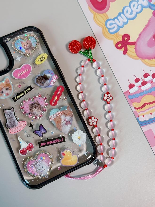 Drawwind Phone Charm Beaded Wristlet Strap Universal Cell Phone Lanyard Cute Bracelet Wrist Strap Beaded Chain String Handmade Accessories for Case Camera Bags (Cherry Crush) - Image 3
