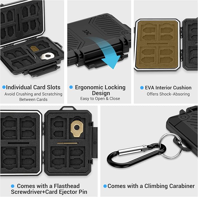 JJC Slim Memory Card Case for 8 SD 12 TF and 2 Nano SIM Cards, IP67 Waterproof Anti-Shock Anti-Dust, Compact Size & Portable SD SDHC SDXC TF Micro SD Card Holder Organizer Storage Box with Carabiner - Image 4