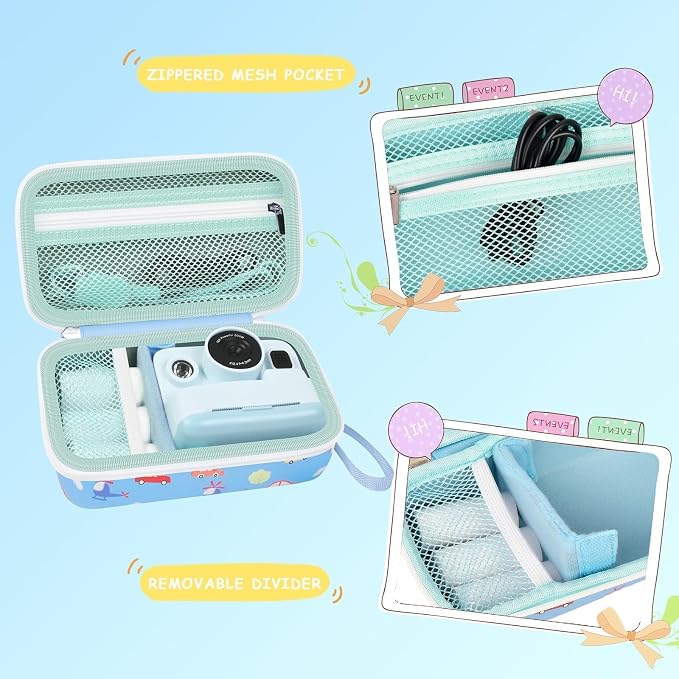 Kids Instant Print Camera Case & 3 Rolls for DYLANTO for ESOXOFFORE | Portable Digital Camera Case for ETIKEZ for YTETCN for DUDUDRAGON with Pocket for Accessories (Box Only)-Blue Car - Image 3