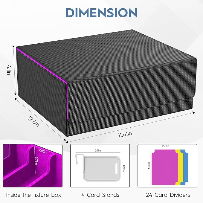 4 Row Trading Card Storage Box, 3200+ MTG Card Storage, Black & Purple | TCG Card Organizer Box with 24 Colorful Dividers and 4 Stands, Bulk PKM Storage, Deck Case Holder Fits for YuGiOh, Game Cards - Image 7
