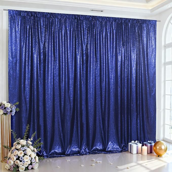 SquarePie 10x10ft Navy Blue Sequin Backdrop, High Density Non-Transparent Glitter Curtain for Photography, Birthday, Wedding Party Decorations, Thick Solid Background with 4" Rod Pocket, 1 Panel by SquarePie