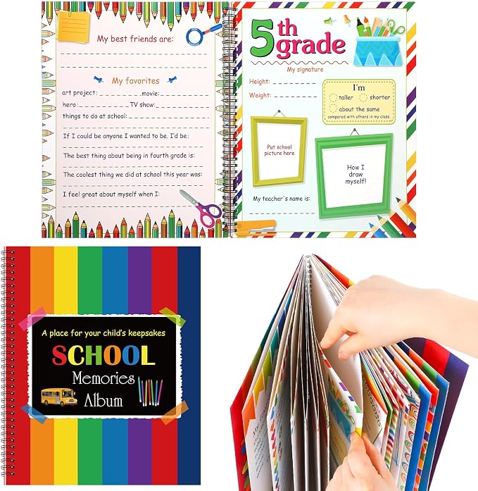 Motipuns School Memory Book Photo Album for Kids, Rainbow | School Years Keepsake Book Album Scrapbook from Preschool Through 12th Grade with 14 Pocket for Storage Portfolio Pictures by Motipuns
