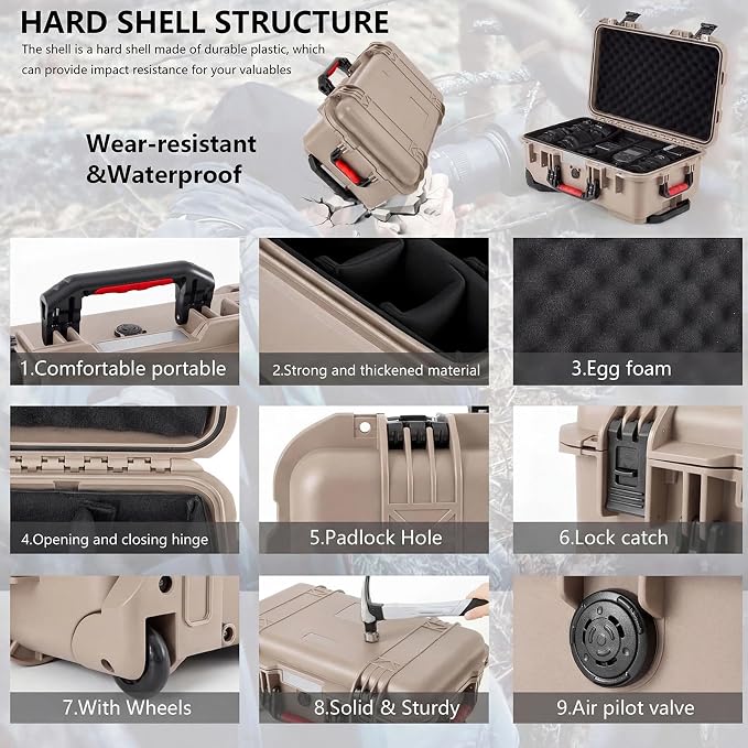 Relaxweex Rolling Camera Hard Case with Padded Dividers & Wheels, Impact-resistant Hard Shell Travel Case for Cameras, Lenses & Accessories(22 x 14 x 9 Inch,Sand Color) - Image 3