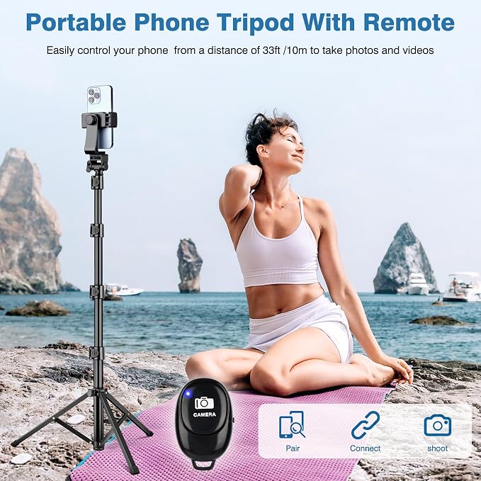 70" Phone Tripod with Remote & Holder, Portable Cell Phone Stand | Selfie Stick for Video Recording, Compatible with iPhone 14/13 Pro Max/Android/Camera - Image 5
