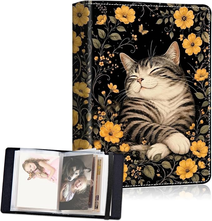 Small Photo Album 5x7, 60 Pockets Holds 120 Photos, Slip-in Pocket Photo Storage Book with Black Elastic Band for Family Wedding Baby Travel Pictures, Cute Tabby Cat Yellow Wildflower by Unknown