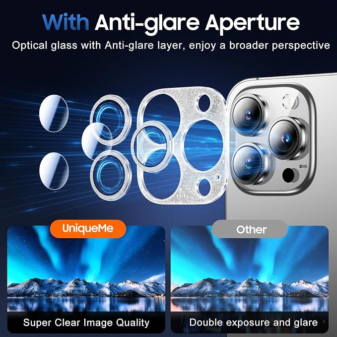 UniqueMe for iPhone 14 Pro Max/14 Pro Camera Lens Protector-Glitter Silver | 3 Pack-Acrylic, Not Glass, Case Friendly, Scratch-Resistant, Night Shooting Mode - Image 3