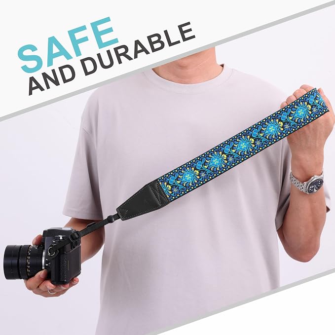 Padwa Lifestyle Camera Strap - 2" Full Grain Leather Ends Camera Straps for Photographers, Vintage Embroidered Cotton Weave Soft Suede Fabric Padded Strap Quick Release fits All Cameras - Image 7