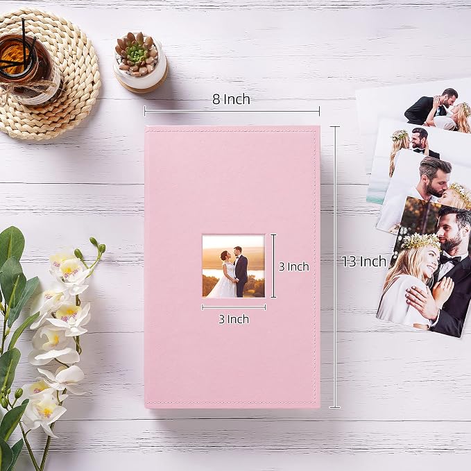 potricher Small Photo Album 4x6 300 Photos, Leather Cover, Pink | Leather 4x6 Picture Album with 300 Horizontal Pockets, Photo Book for Family, Wedding, Anniversary, and Baby - Image 2