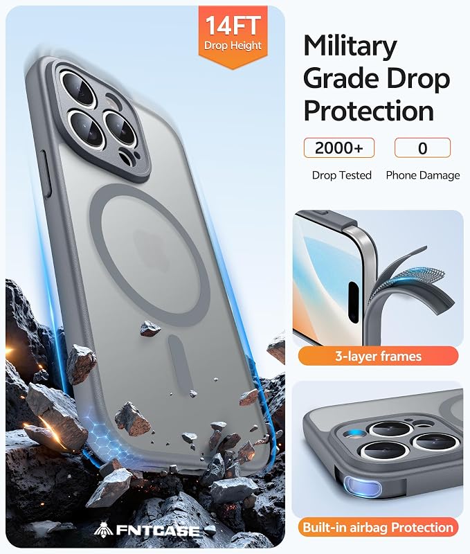 FNTCASE for iPhone 15 Pro Case, Fit for Magsafe, Screen Protector, Gray | Full Camera Protection, Translucent Matte, 14FT Military Grade Drop Proof, Shockproof Protective Phone Cover - Image 5