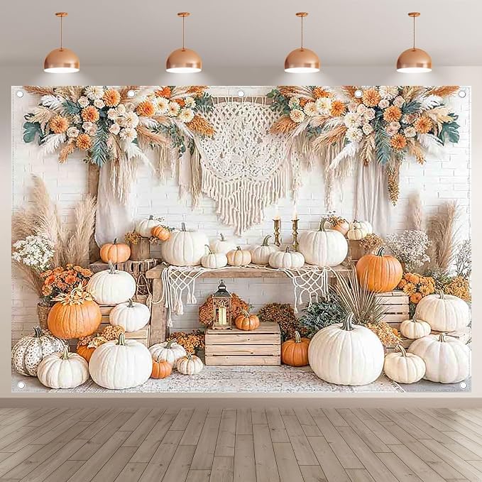 Fabric 12x8ft Autumn Boho Pumpkin Backdrop Fall Harvest Banner | Thanksgiving Day Floral Photography Background, Family Girl Women Party Decorations, Wedding Baby Shower Photo Props - Image 2