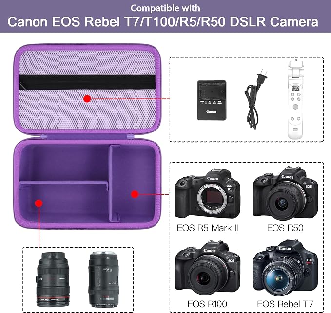 Hard Case for Canon EOS Rebel T7/T100/R50/R100 DSLR Camera with Lens | Fits for Canon T7/T100/R50/R100/R5/R6 V//R6 Mark II DSLR Camera and Lens, With Shoulder Strap, Protective Case, Purple - Image 3