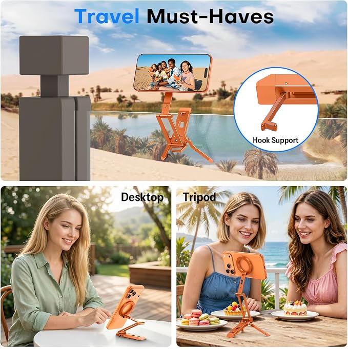 OMOTON TP06-E [3-Adjust] Sturdy Magnetic Phone Tripod for iPhone 17 Pro Max | Aluminium Phone Stand for MagSafe with Hook 1/4" Screw& Arca, Travel Essentials Gift for Vlog, Creators, Live, Orange - Image 3