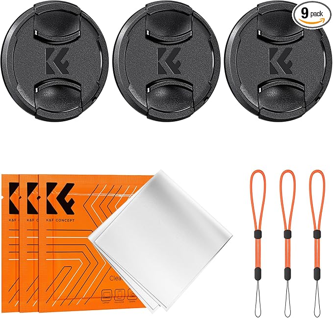 K&F CONCEPT 52mm Lens Cap, 9-in-1 Center Pinch Lens Cover + Anti-Loss | Keeper Leash + Microfiber Cleaning Cloth Kits Compatible with Nikon, Canon, Sony, Fujifilm Camera Lenses by KFCONCEPT