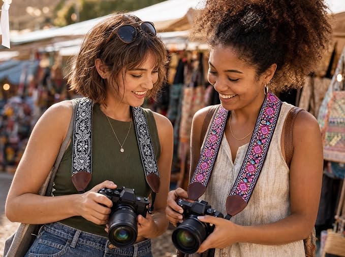 Art Tribute Camera Strap - Shoulder, Crossbody & Neck Camera Strap for Photographers, Fits All Cameras, Canon Nikon Sony Fujifilm, Padded Strap W/Quick Release, Embroidered Cotton & Leather Ends - Image 2