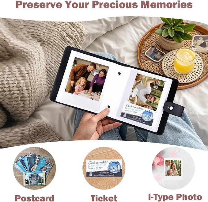 Ruibytree Small Photo Album for Polaroid 600, i-Type & SX-70 Film, Black | Compact Design, PU Leather Cover, Snap Closure, Acid-Free Pages, 52 Side-Loading Pockets Fits 3.5x4.25 Inch Instant Photos - Image 5