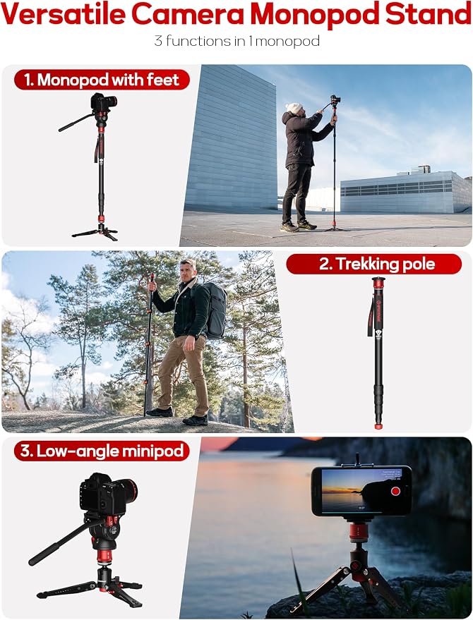 IFOOTAGE Cobra 3 A180T Aluminum Camera Monopod 71" | Telescopic Video Monopod with Feet Compatible with Sony Canon Nikon DSLR Cameras, Payload 17.6lb - Image 6