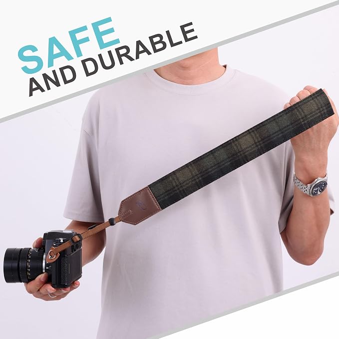 Padwa Lifestyle Camera Strap - 2" Full Grain Leather Ends Camera Straps for Photographers, Unique Vintage Cashmere and Soft Suede Fabric Padded Strap Quick Release fits All Cameras(Dark Green Check) - Image 6