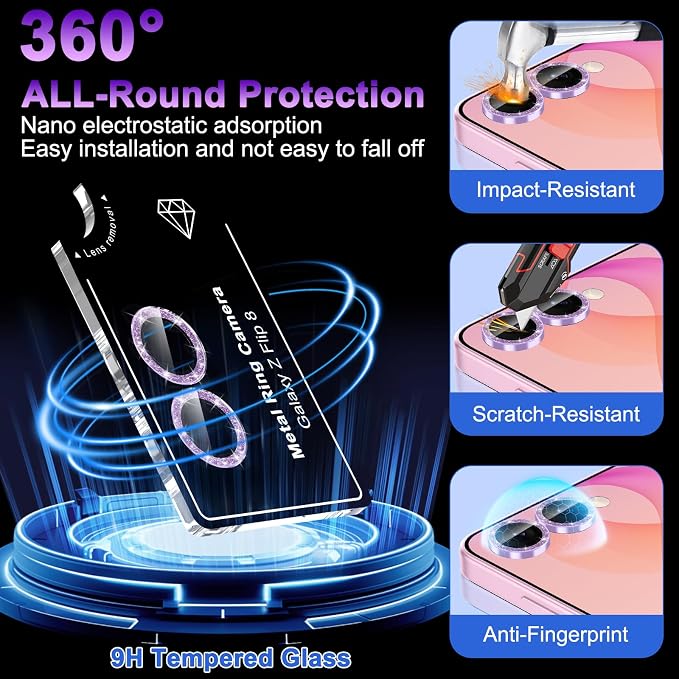 Meshine for Samsung Galaxy Z Flip 8 Camera Lens Protector,Scratch Proof,Strong Adsorption,9H Hardness with Metal Ring Camera Cover,Ultra Thin Case Friendly,Accessories Lens Protector,Glitter Purple - Image 3