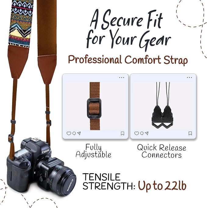 Art Tribute Camera Strap - Shoulder, Crossbody & Neck Camera Strap for Photographers, Fits All Cameras, Canon Nikon Sony Fujifilm, Padded Strap W/Quick Release, Embroidered Cotton & Leather Ends - Image 4