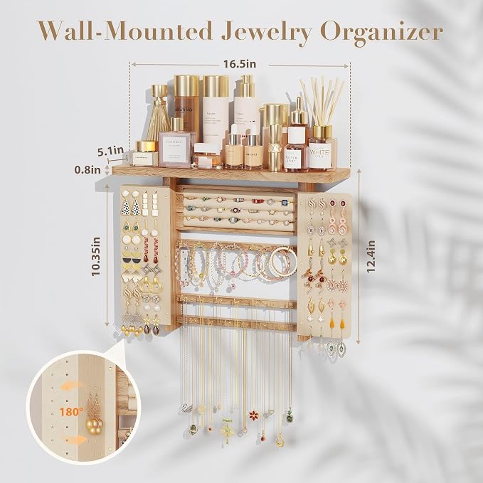 Emfogo Jewelry Organizer Hanging Wall Mounted Jewelry Holder, 5-in-1 Large Capacity Necklace Organizer Display for Ring, Necklaces, Bracelets, Earrings (Rustic Wood) - Image 5