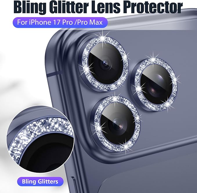 AGVEE 3+3 6 Pack for iPhone 17 Pro & Max Camera Lens Protector Cover | Individual Bling Diamond & Bling Glitter Sparkle Cute Gem Metal Ring, 9H Tempered HD Glass - Image 5