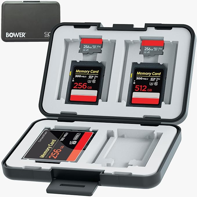 Bower Sky Capture Series Memory Card Case | Rugged Hard Plastic Exterior with Shock Absorbing Liner, Secures up to 12 Memory Cards with Snap-in Locking System for SSD/SD/Mini SDHC Flash Drive | Black by Bower