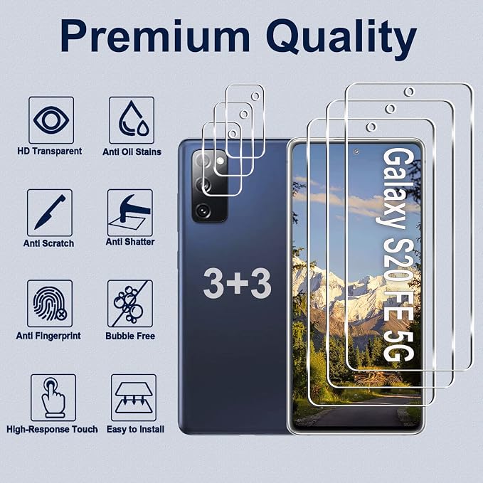 [3+3 Pack]Galaxy S20 FE 5G Screen Protector + Camera Lens Protector, HD Tempered Glass Film, 9H Hardness, Scratch Resistant, Easy Installation, Bubble Free, Screen Protector for Samsung Galaxy S20 FE - Image 2