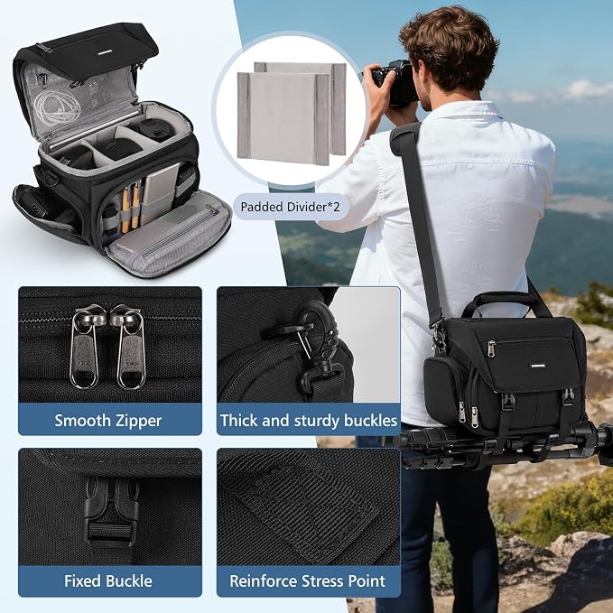RAINSMORE Camera Bag, DSLR/SLR/Mirrorless Camera Sling Bag for Photographers Waterproof Small Camera Case with Tripod Holder & Rain Cover Camera Crossbody Bag for Canon/Nikon/Sony/Fuji, Black - Image 6