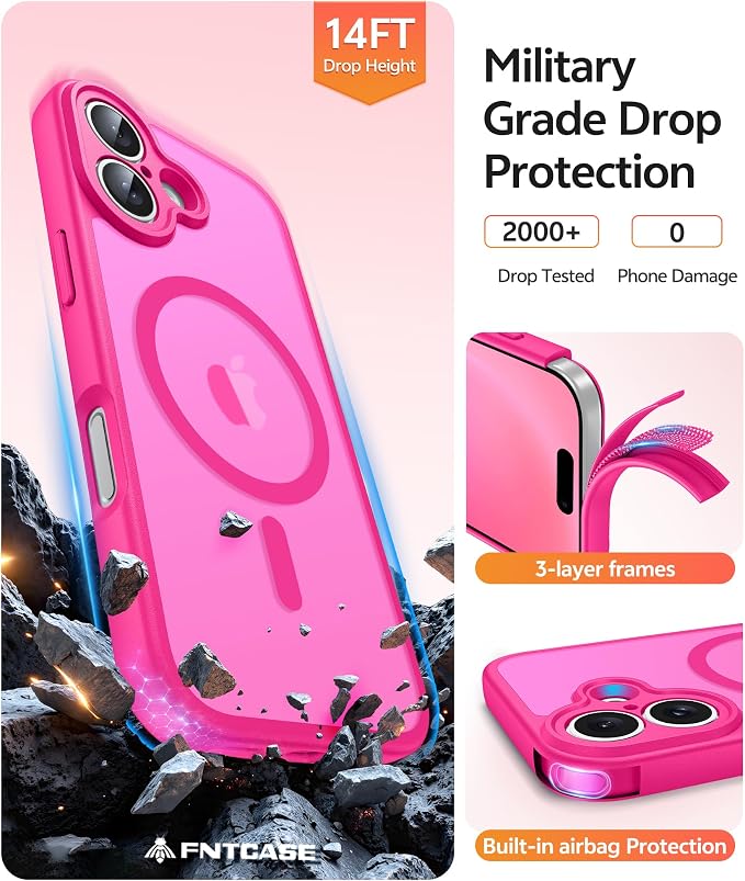 FNTCASE for iPhone 16 Case, Fit for Magsafe, Screen Protector, Hot Pink | Full Camera Protection, Translucent Matte, 14FT Military Grade Drop Proof, Shockproof Protective Phone Cover - Image 5