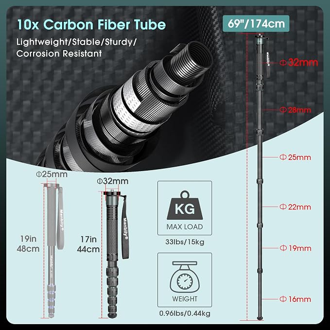 Camera Monopod 69-Inch 32mm Tube Carbon Fiber Walking Stick Monopods for Cameras 6 Sections Portable Compact Travel with Handle, Phone Clip Max. 33lbs for DSLR Video Camcorder Stand (C-666L) - Image 3