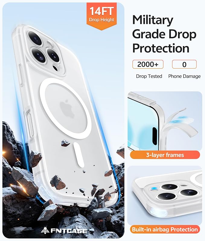 FNTCASE for iPhone 16 Pro Max Case, Fit for Magsafe, Glass Screen Protector | Full Camera Protection, Translucent Matte, 14FT Military Grade Drop Proof, Shockproof Protective Phone Cover, White - Image 5