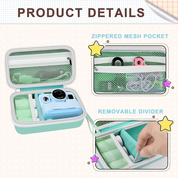 Kids Instant Print Camera Case for DYLANTO for ESOXOFFORE Cameras | Portable Digital Camera Case Organizer for ETIKEZ for YTETCN for DUDUDRAGON with Pocket for Accessories (Box Only)-Mint Green - Image 7