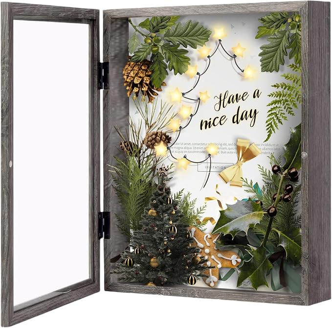 Muzilife 8x10 Shadow Box Picture Frame, 2.16 Deep, Real Glass, Texture Gray | FSC-Wood, Magnetic Door, Linen Interior & Pins, Vertical, Horizontal Wall Hanging, Display Case Frame for Photos & Keepsakes by Muzilife