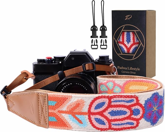 Padwa Lifestyle Colorful Crochet Camera Strap - 2" Full Grain Leather Ends Camera Straps for Photographers, Vintage Woven Cotton Soft Suede Fabric Padded Strap with Quick Release fits All Cameras by PadwaLifestyleCameraStrap