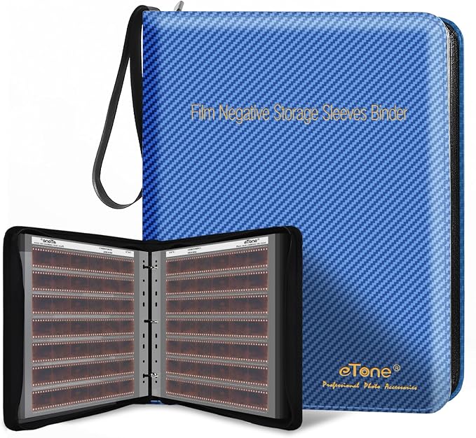 eTone Film Negative Storage Album, Black PU Leather, 50 35mm Acid-Free Sleeves, Triple Ring Binder Box, 13.18x7.08x1.96 Inch (Blue) by eTone