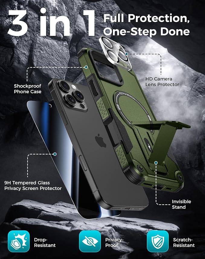 Goton 3 in 1 for iPhone 16 Pro Max Case with Privacy Screen Protector Green | Glass Camera Lens Protector,Compatible for MagSafe,Invisible Kickstand, Shockproof Phone Cover for iPhone 16 Promax - Image 3