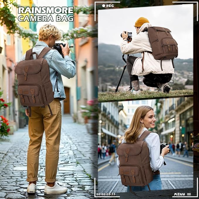 RAINSMORE Camera Backpack, DSLR SLR Mirrorless Camera Bag for Photographer | 15.6 Inch Vintage Canvas Camera Case with Laptop Compartment & Tripod Holder &Rain Cover for Sony Canon Nikon Fujifilm Coffee - Image 4
