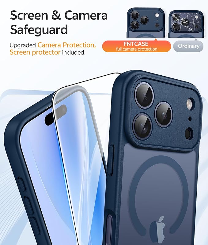 FNTCASE for iPhone 17 Pro Max Case, Fit for Magsafe, Screen Protector Blue | Full Camera Protection, Translucent Matte, 14FT Military Grade Drop Proof, Shockproof Protective Phone Cover, Blue - Image 4