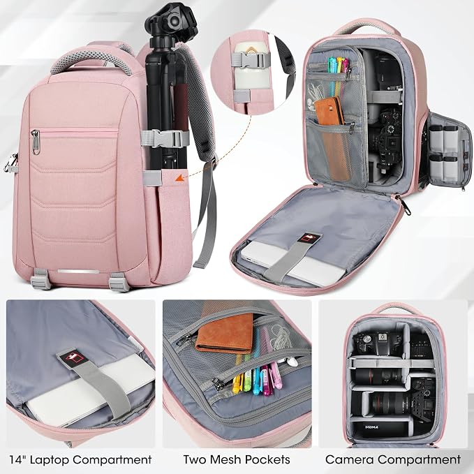 SDYSM Camera Bag Backpack Professional for DSLR SLR Mirrorless Camera | 14 Inch Waterproof Camera Laptop Backpack with Rain Cover Anti Theft Travel Case Large Capacity Photography Backpack, Pink - Image 2