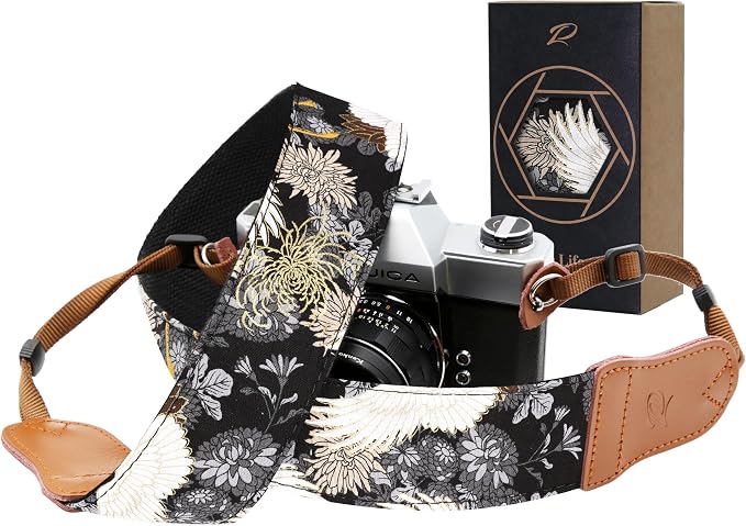 Padwa Lifestyle Camera Strap - 2" Cowhide Leather Head Cotton Camera Straps for Photographers,Vintage Japanese Art Print Adjustable Neck & Shoulder Strap for ALL DSLR/SLR Cameras(Grey Crane) by PadwaLifestyleCameraStrap