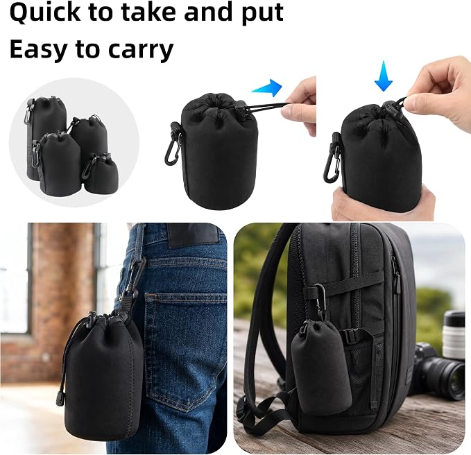 Camera Lens Bag, 4 Pack Protective Neoprene Lens Pouch with Drawstring & Carabiner, Lens Case for DSLR Camera Lens(S/M/L/XL) (M 4pcs) - Image 4