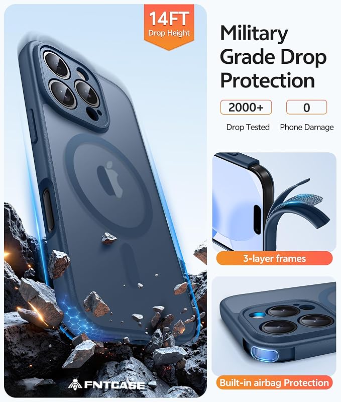 FNTCASE for iPhone 16 Pro Max Case, Fit for Magsafe, Glass Screen Protector | Full Camera Protection, Translucent Matte, 14FT Military Grade Drop Proof, Shockproof Protective Phone Cover, Blue - Image 5