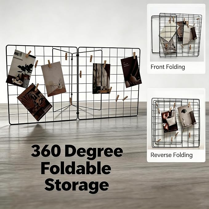 Foldable Desktop Photo Display Rack & Grid Display Board, Fold Flat for Easy Storage with 20 Wooden Clips – Photo, Accessory & Handcraft Display Organizer for Home Office Black - Image 4