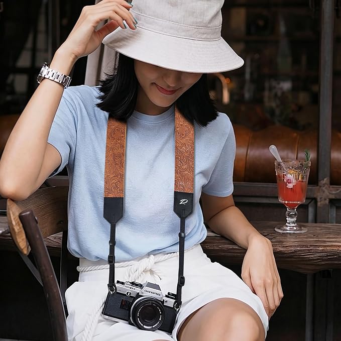 Padwa Lifestyle Camera Strap - 2" Brown Faux Leather Carving Camera Straps with Full Grain Leather Ends for Photographers, Vintage Soft Suede Fabric Padded Strap Quick Release fits All Cameras - Image 2
