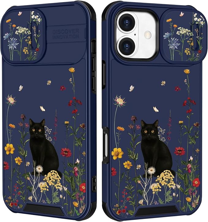 for iPhone 16 Plus Case - Women Cute Phone Cover Girly Pretty Fancy Unique Aesthetic Design Slide Camera Cover Protective Case for Apple for iPhone 16 Plus,Black Cat by Goocrux