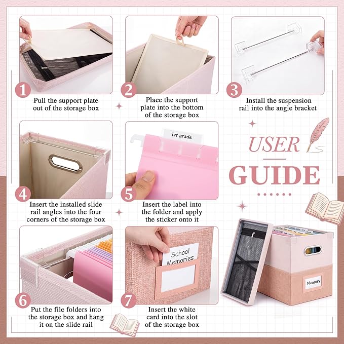 1 Set School Memory Box Organizer, School Keepsake Organizer K-12,Pink | with 15 Hanging File Folders, 4 Labels, 3 Sticker, Mesh-Pocket Lid, for Letter/A4, Report Cards, Photos, Awards, File Keeper - Image 3